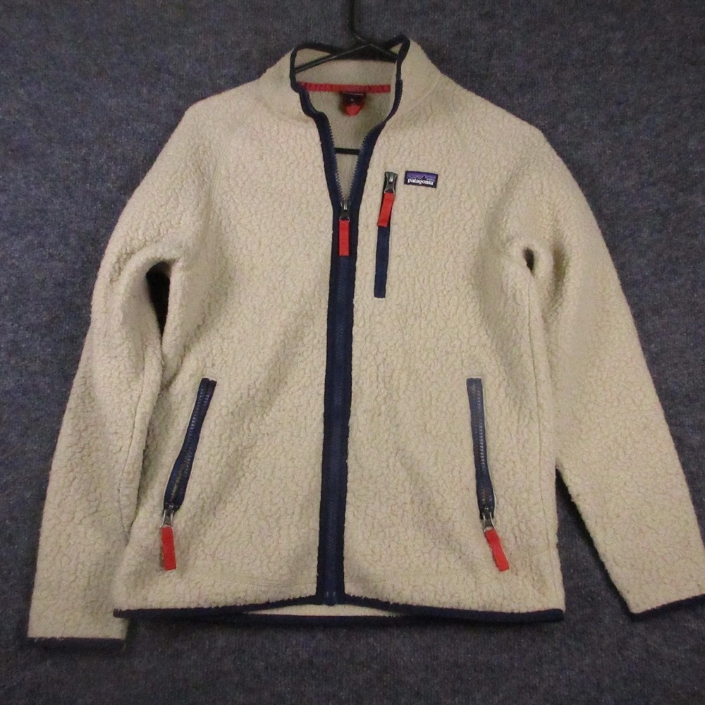 Patagonia Jacket Kids XL 14 Beige Sherpa Fleece Full Zip Pockets Winter Outdoor